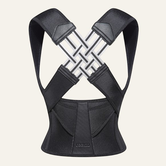 Ceinture lombaire noire en nylon et spandex de Reprogrammer Boutique, avec soutien croisé pour la posture.